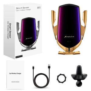 Suport auto, Incarcare Wireless 10W, Senzor inteligent, Auriu