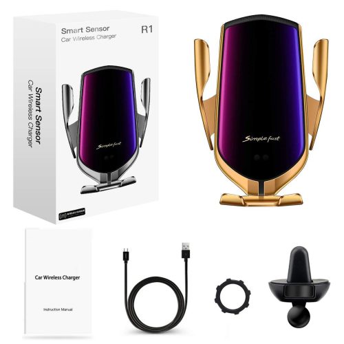 Suport auto, Incarcare Wireless 10W, Senzor inteligent, Auriu