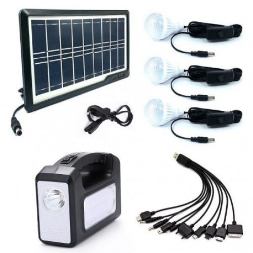 Kit Camping Panou SOLAR GDPLUS , 3 Becuri, Lanterna INCLUSA + USB Incarcare
